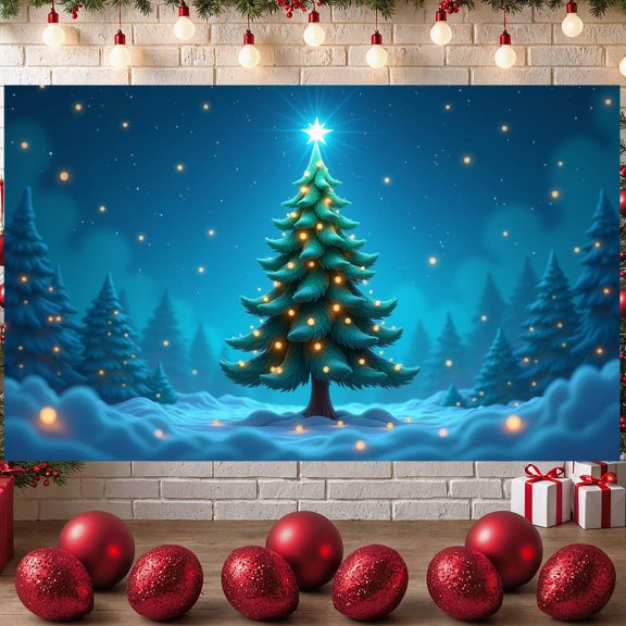 Green Tree Christmas Tree Banner Lit Lights Holiday Backdrop Star Topped Gift Decorated Festive Background for Christmas Party Indoor Celebration Family Gathering