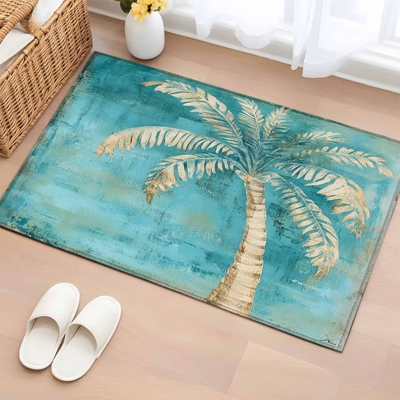 Green Tree Coastal Beach Bathroom Rug Washable 2x3 Entryway Rug Non Slip Vintage Tropical Plant Front Door Mat Low Pile Indoor Doormat Throw Floor Carpet for Kitchen Bedroom Entrance