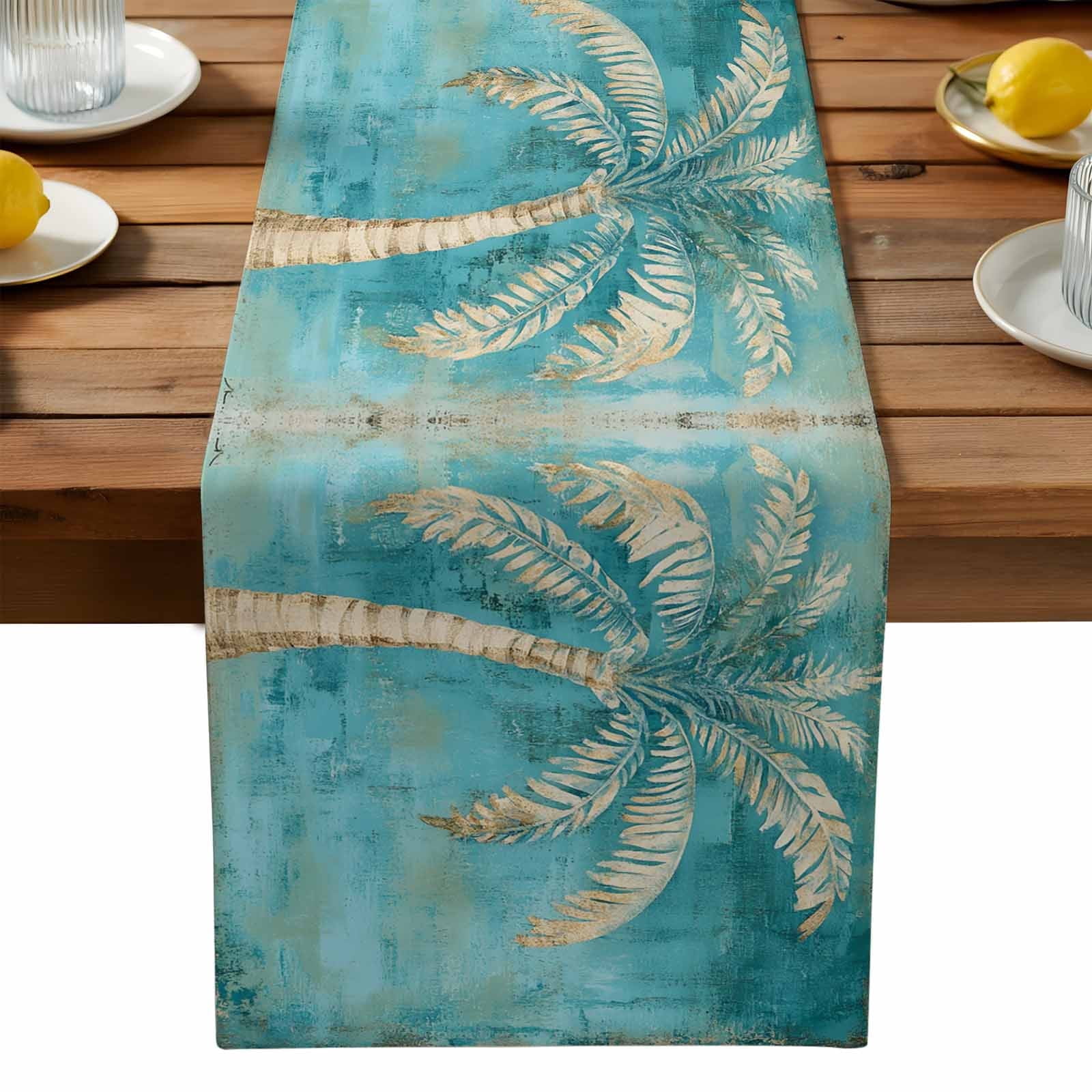 Green Tree Coastal Beach Cotton Linen Table Runner for Dining Kitchen, Vintage Tropical Plant Wedding Outdoor Party Tablerunners Decoration, Dresser Scarf Coffee Tablecloth Runners 13x70 Inches