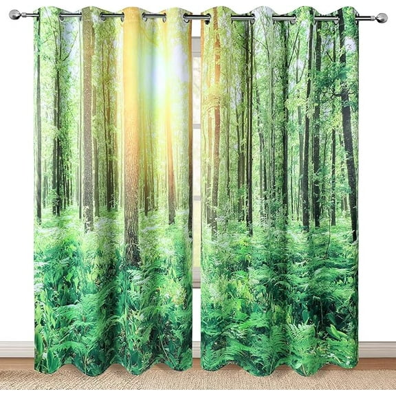 Green Tree Forest Blackout Curtains Bright Sunshine Tropical Rain Forest Decor For Home Bedroom Living Room Dining Room Decor Grommet Window Drapes 26"W x 45"L (Pack of 2)