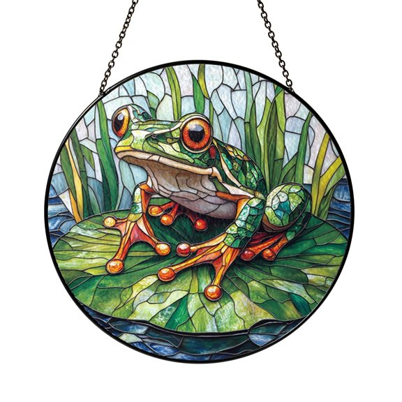 Green Tree Frog Stained Glass Style Suncatcher Window Hanging Decor, Nature Decorative Glass Panel Art for Garden Window Ornament