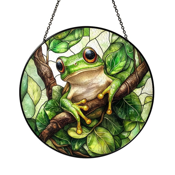 Green Tree Frog Stained Glass Style Suncatcher Window Hanging, Tropical Branch Nature Art Decor, Garden Inspired Ornament for Home Accent