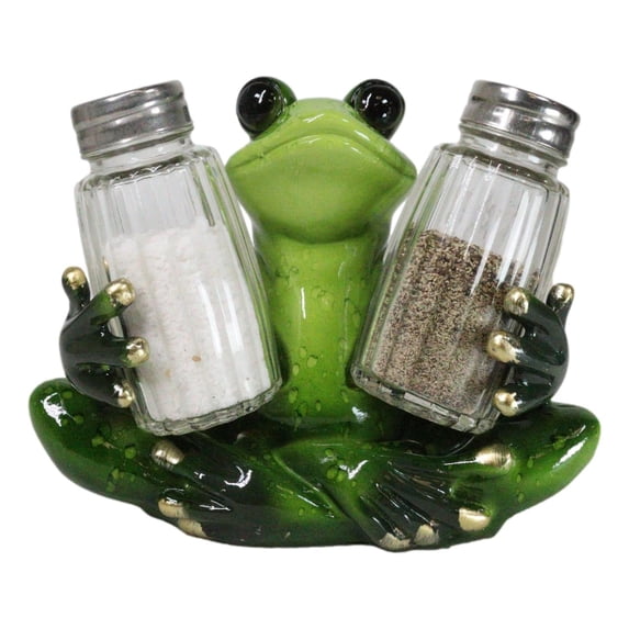 Green Tree Frog Toad Meditating Glass Salt Pepper Shakers Holder Figurine Set