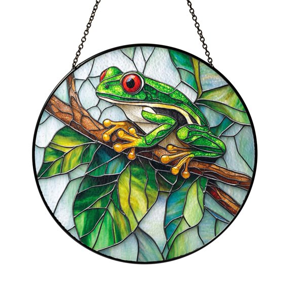 Green Tree Frog Window Hanging Stained Glass Suncatcher, Tropical Nature Inspired Home Decor Accent
