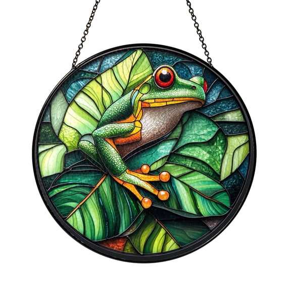 Green Tree Frog on Leaf Stained Glass Suncatcher Rainforest Nature Window Hanging Peaceful Garden Home Decor Gift