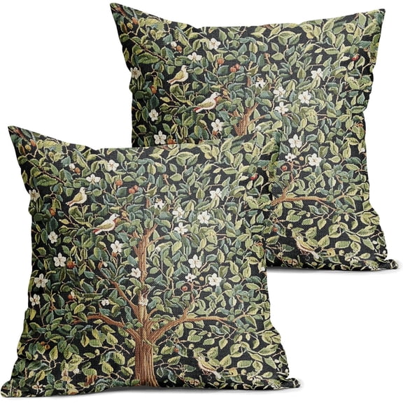 Green Tree Pillow Covers 18X18 Inch Set of 2 Watercolor Forest Bird Floral Leaves Decorative Pillow Cases Spring Vintage Leaf Flower Cushion Case Farmhouse Home Decor for Sofa Couch