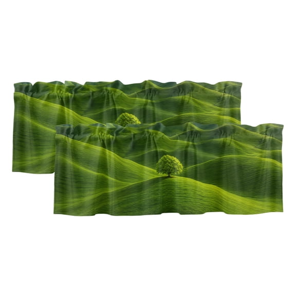 Green Tree Rolling Hills 2 Panels Kitchen Valance, Nature Grass Landscape Curtains Valances for Small Windows Rod Pocket Window Treatments for Living Room Bedroom 42" W x 12" L