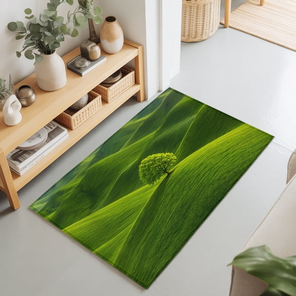Green Tree Rolling Hills 2'x3' Rug for Entryway Front Door Kitchen Sink Area, Nature Grass Landscape Low Pile Washable Non Slip Rectangle Area Rug
