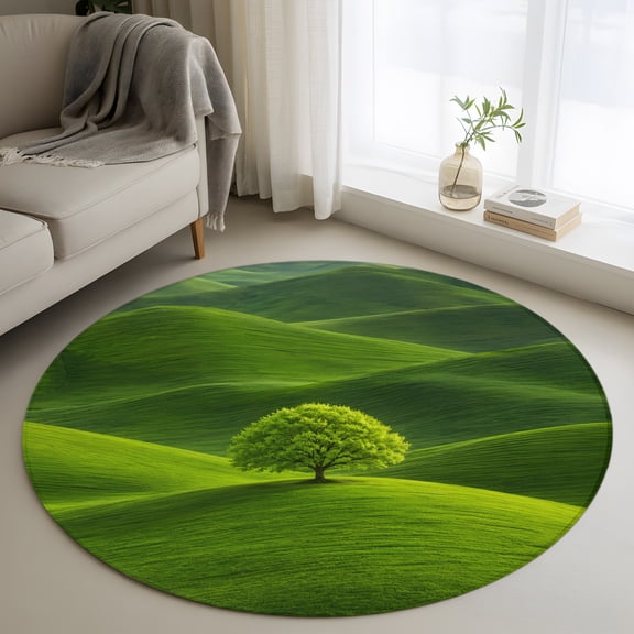 Green Tree Rolling Hills 4FT Round Area Rugs Nature Grass Landscape Soft Small Round Rug Non-Slip, Ultra-Thin Circle Carpet for Bedroom Entryway Kitchen Bathroom