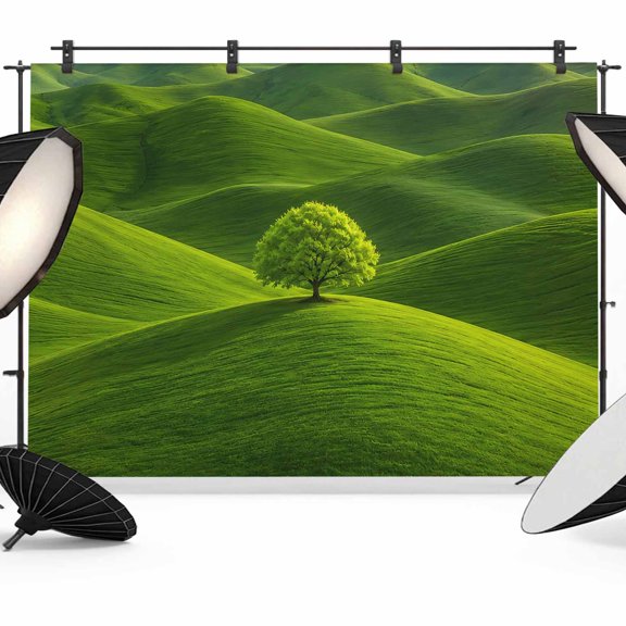 Green Tree Rolling Hills Backdrops for Photography, Nature Grass Landscape Fabric Photo Background Sturdy Studio Props for Photo Studio, Video Recording, Booth & Photoshoot 7x5ft