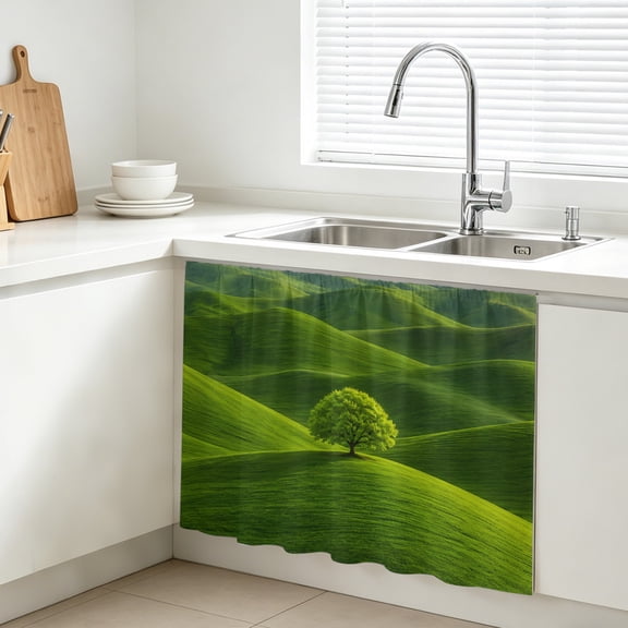 Green Tree Rolling Hills Cabinet Curtain, Nature Grass Landscape Sink Skirt for Bathroom, Under Sink shelf Curtain Privacy Drape for Kitchen Laundry Room 10x11in