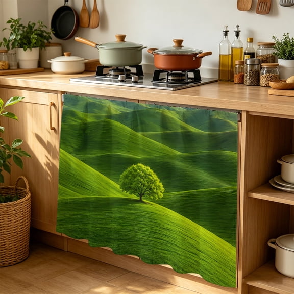 Green Tree Rolling Hills Cabinet Curtains for Kitchen 35"W x 35"L, Nature Grass Landscape Laundry Sink Cabinets Magic Tape Short Curtain Privacy Panel for Bathroom Vanity Cabinets