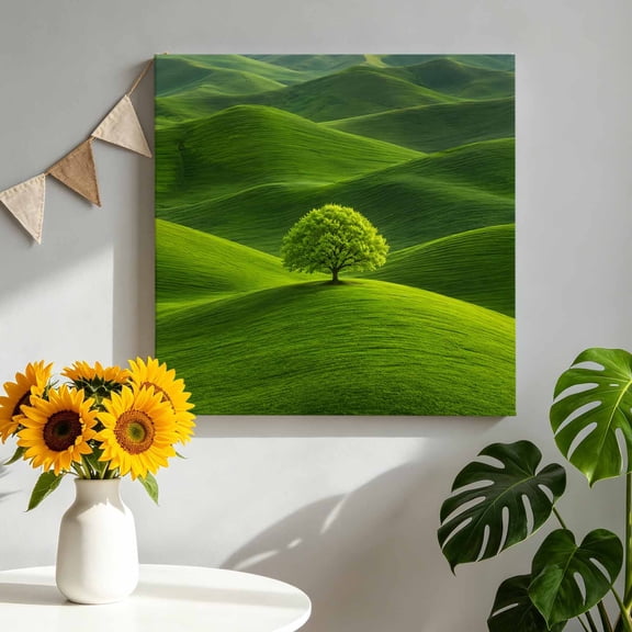 Green Tree Rolling Hills Canvas Wall Art, Nature Grass Landscape Framed Canvas Wall Decor Picture Print Artwork Decorations for Living Room Office Ready to Hang 8" x 8"