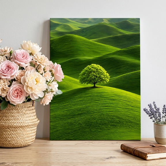 Green Tree Rolling Hills Canvas Wall Art, Nature Grass Landscape Pictures Wall Decor Wooden Framed Artwork Art Prints for Living Room Hallway Bedroom Office 8"x12"
