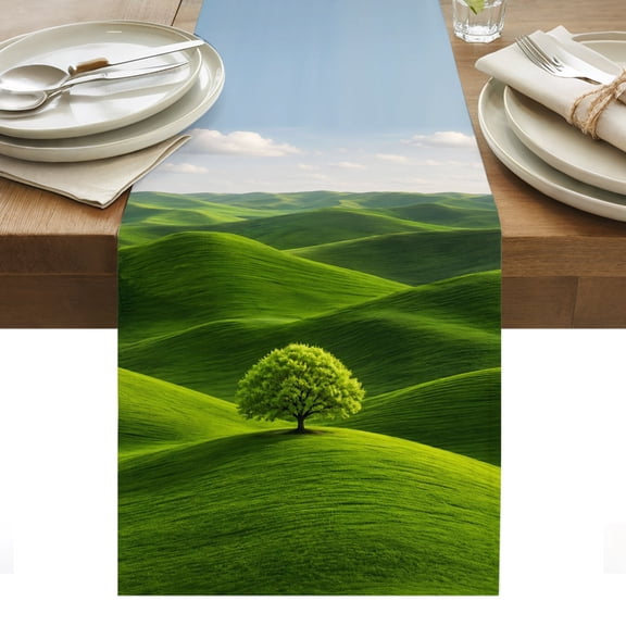 Green Tree Rolling Hills Cotton Linen Table Runner Nature Grass Landscape Dining Table Runners for Home Decor Party Dining Room Restaurant Kitchen Party 13" x 72"