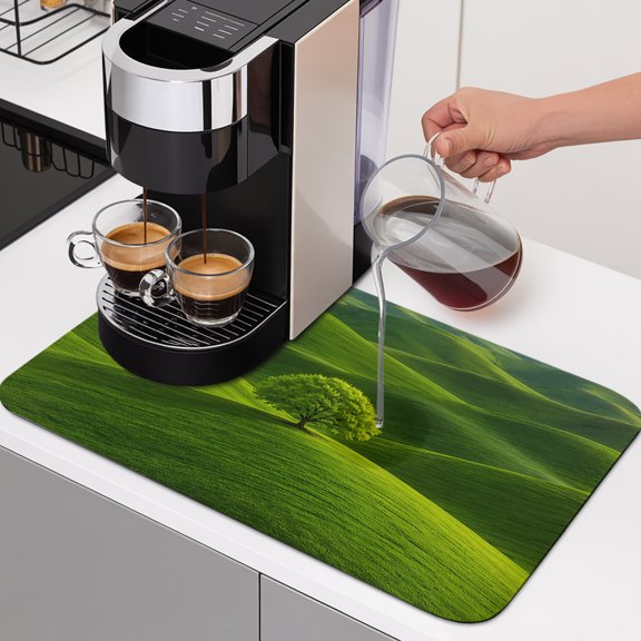 Green Tree Rolling Hills Dish Drying Mats for Kitchen Counter, Nature Grass Landscape Absorbent Coffee Bar Mat with Non-slip Rubber Backed Quick Drying Dish Rack Pad 12"x16"