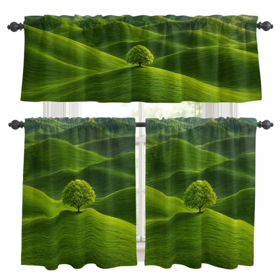 Green Tree Rolling Hills Kitchen Curtains Set for Windows, Nature Grass Landscape Curtains Valance and Tier 3 Piece Set Small Drapes 36 Inch Length for Kitchen Bedroom Decor
