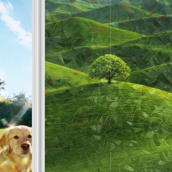 Green Tree Rolling Hills Rainbow Window Privacy Film, Nature Grass Landscape Stained Glass Window Film, Sun Blocking Glass Clings Static Cling Non Adhesive Door Stickers 19.6 x 39.3 Inches