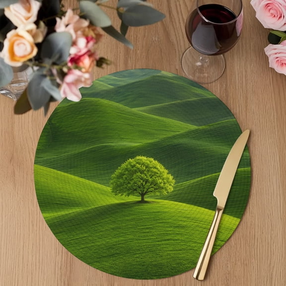 Green Tree Rolling Hills Round Braided Placemats Set of 2, Nature Grass Landscape Heat Insulation Place Mats Washable Non-Slip Table Mats for Kitchen Dining Party, 13 Inches