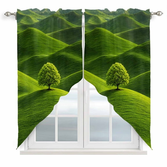 Green Tree Rolling Hills Swag Valances for Windows 2 Pack Nature Grass Landscape Swag Kitchen Curtains 36 Inches Long Rod Pocket Short Window Treatment for Kitchen Bathroom 36"x36"