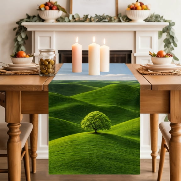 Green Tree Rolling Hills Table Runner 13x36 Inch Nature Grass Landscape Cotton Linen Dining Table Runner Ideal for Dresser Kitchen Coffee Tables - Machine Washable