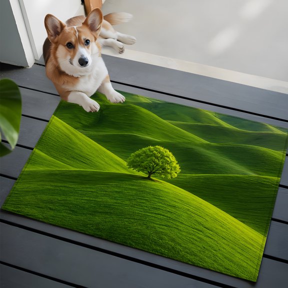 Green Tree Rolling Hills Washable Entry Rug 2x3 Nature Grass Landscape Low Pile Indoor Door Mat with Rubber Backing Thin Area Rug for for Entrance, Bedroom, Kitchen, Laundry, Bathroom