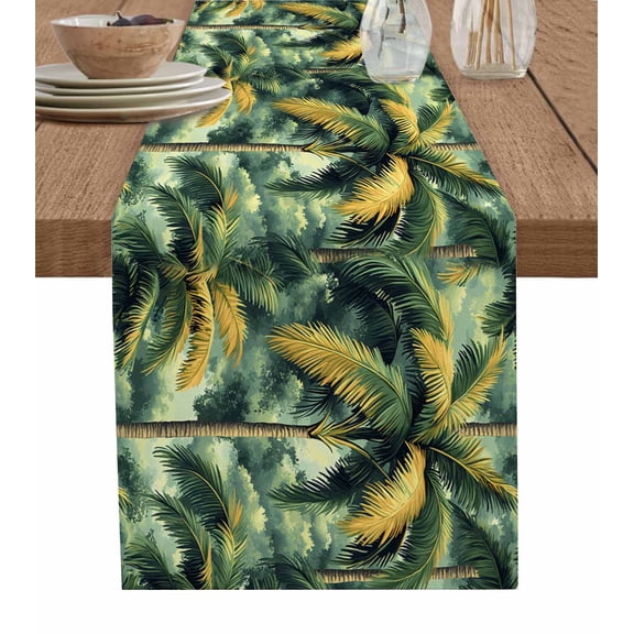 Green Tree Table Runner Cotton Linen 36 Inch Holiday Dresser Scarves, Summer Nature Tropical Forest Plants Country Tablerunner for Kitchen Coffee Dining Bedroom Dinner Scarf Décor 13''x36''