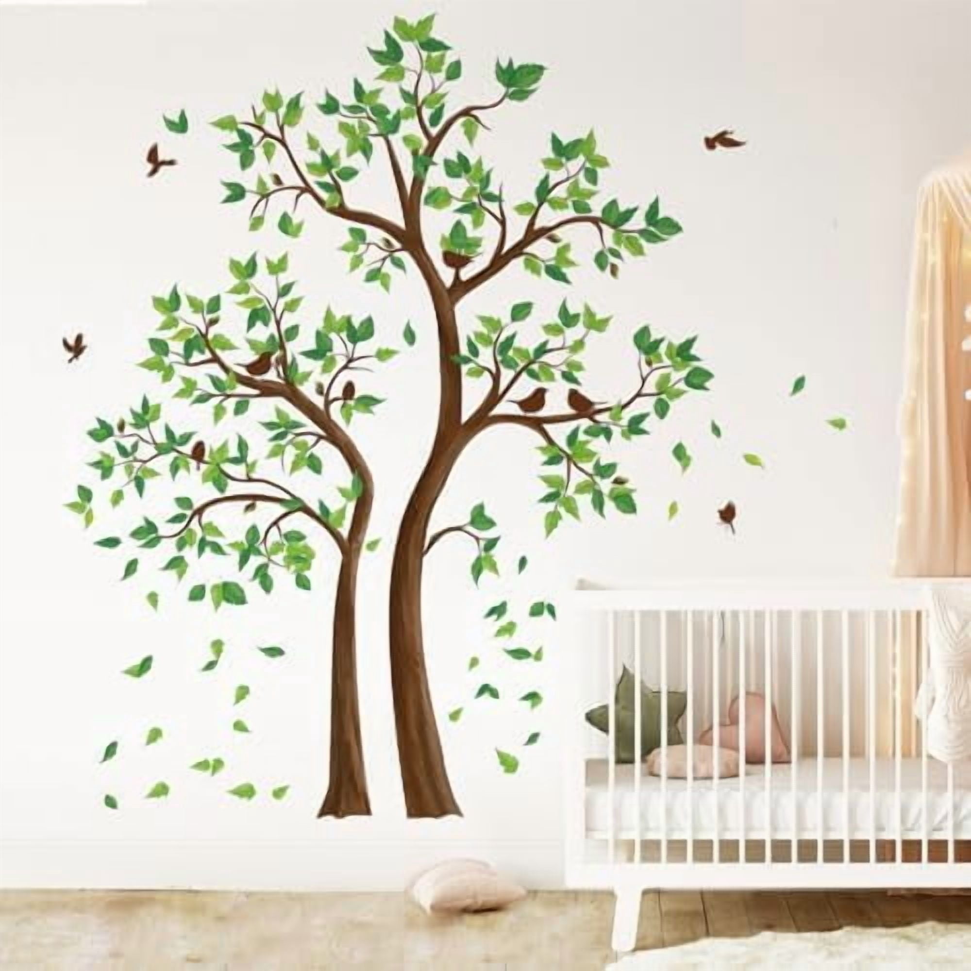 Green Tree Wall Stickers Flying Leaves Birds Bedroom Living Room Sofa ...