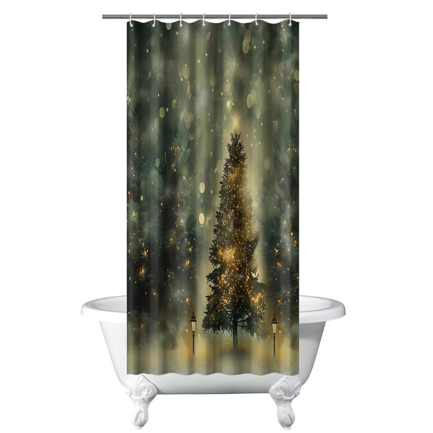 Green Tree Winter Aesthetic Dark Night Bathroom Curtains Waterproof