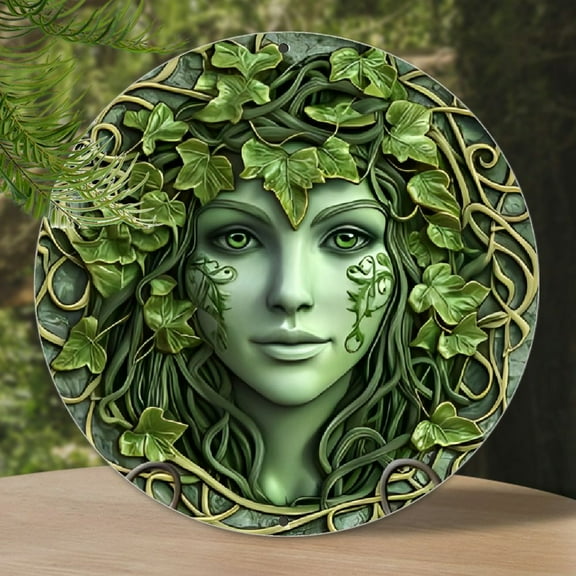 Green Tree Woman Face 2D Aluminum Round Metal Sign - 1pc, 8x8 Inch Flat Circular Wreath Decor - Wall Art, Dormitory Decoration, Holiday Gifts for Christmas and Halloween