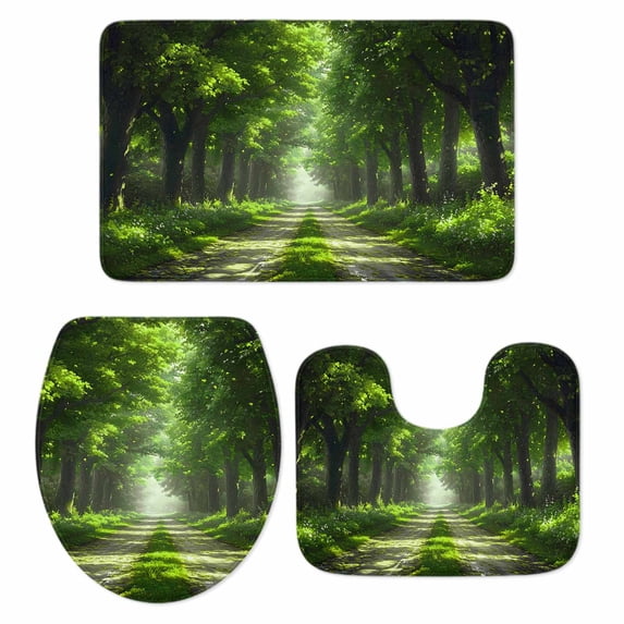 Green Trees Bath Mat 3 Piece Bathroom Rug Set, Forest Art Decor Spring Summer Nature Leaf Non Slip Bath Rug Contour Mat and Toilet Lid Cover, Absorbent Shower Mats Soft Bath Rugs and Mats Sets