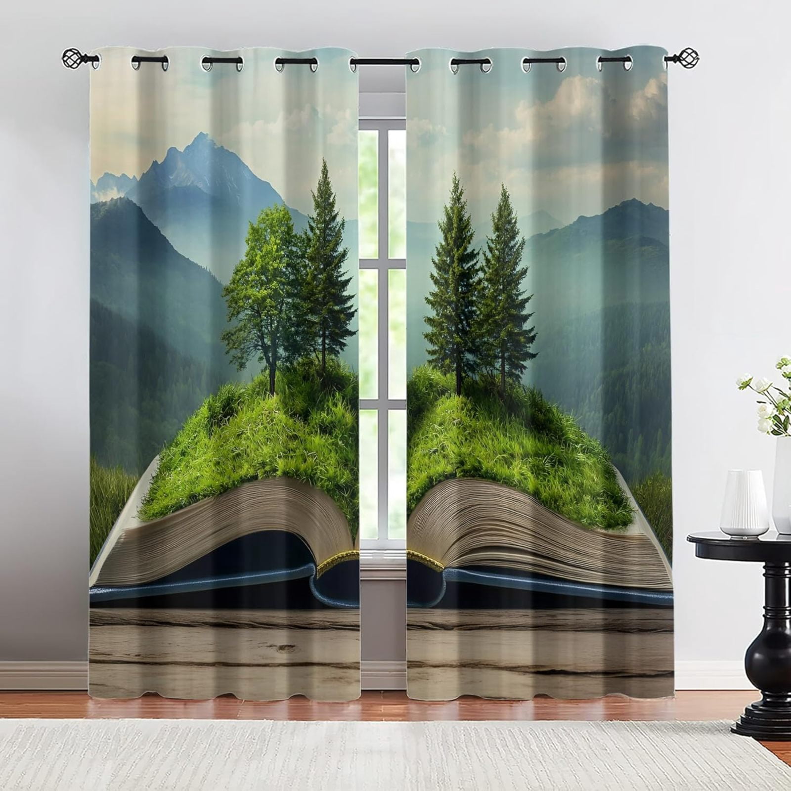Green Trees Curtains For Living Room, Book & Tree Blackout Curtains ...