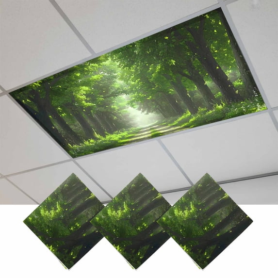 Green Trees Fluorescent Light Covers, Forest Art Decor Spring Summer Nature Leaf Magnetic Light Covers for Ceiling Lights, Fluorescent Ceiling Shade Filters for Classroom Bedroom Office 4x2Ft x 3PCS
