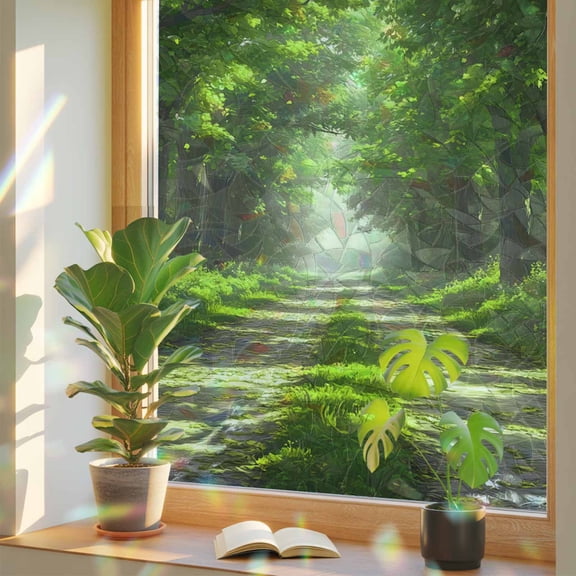 Green Trees Privacy Window Film, Decorative Stained Glass Window Film, Forest Art Decor Spring Summer Nature Leaf Resuable Rainbow Static Cling for Home Bathroom Living Room Glass Door 17.7"x39.3"