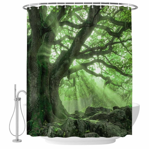 Green Trees Shower Curtain Set - Small 36" x 72" Washable Bathtub Curtain with 12 Hooks, Sunlight Forest Branches Nature Scenery Waterproof Fabric Stall Shower Curtains for Bathroom/Bathtub Décor