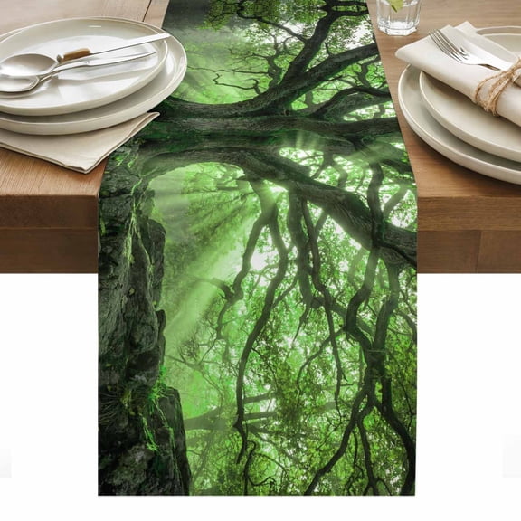 Green Trees Table Runner Sunlight Forest Branches Nature Scenery Tablerunners 13 x 60 Inch, Table Decorations Tabletop Scarf for Summer Gathering Holiday Farmhouse Kitchen Dining Decor