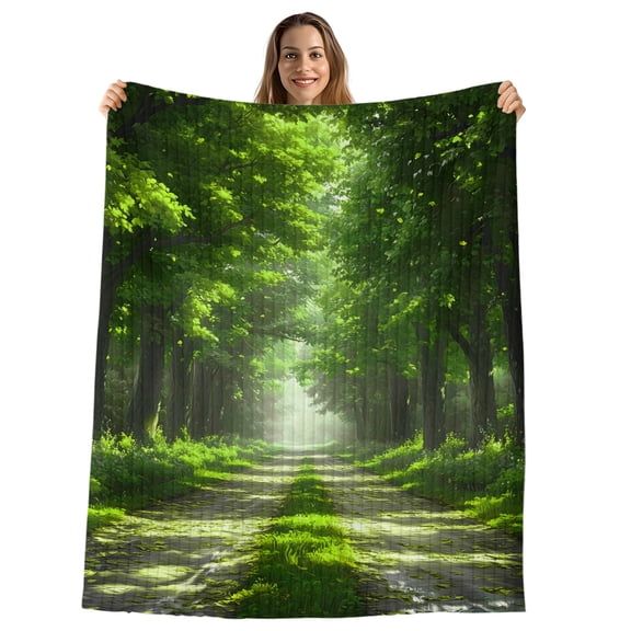 Green Trees Throw Blanket, Flannel Fleece Blanket with Striped Design for Couch, Forest Art Decor Spring Summer Nature Leaf Soft Breathable All Season Plush Blankets for Sofa Office Chair 30"x40"