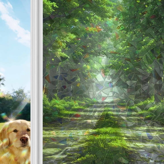 Green Trees Window Privacy Film Stain Glass,Reusable Decorative Rainbow Window Film,Forest Art Decor Spring Summer Nature Leaf Static Cling Sun Blocking Stickers Decals Covers 17.7" x 39.3" (2pcs)