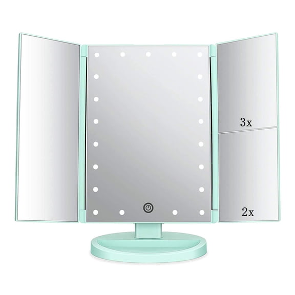 Green Tri-fold Lighted Vanity Makeup Mirror with 3x/2x Magnification, 21 LEDs, Touch Screen