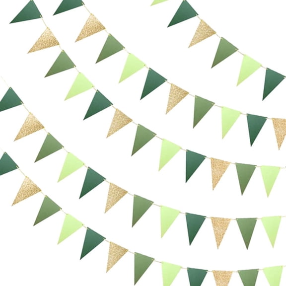 Green Triangle Greenery Banner - Golden St. Patrick's Day Bunting, 5 Pack of 12 Pre-Strung Flags, Party Decoration