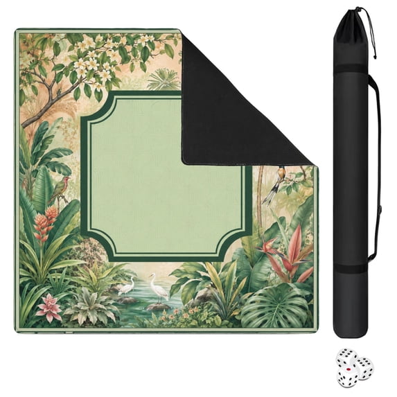 Green Tropical Birds Botanical_02 Mahjong Mat 31.5x31.5 Inch | Non-Slip And Noise Reduction Mah Jong Table Mat Cover with Carrying Bag For Mahjong Lovers, Poker, Board Games And Dominoes
