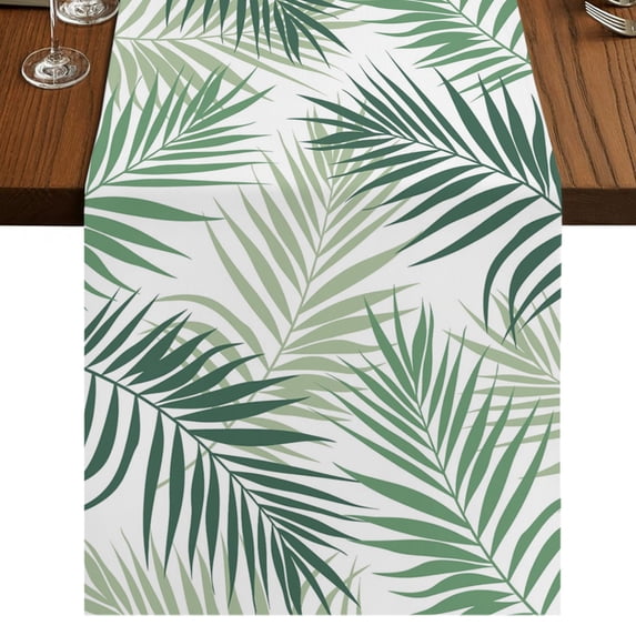 Green Tropical Botanical Burlap Cotton Table Runner 13x70 Inches Long, Summer Palm Leaves Plants Farmhouse Table Runners, Outdoor Dining Tablecloths Decor for Baby Shower/Party/Wedding