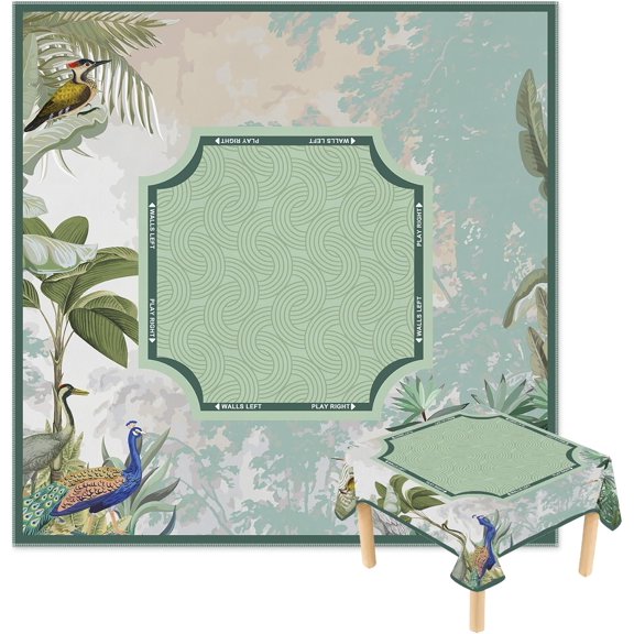 Green Tropical Botanical Peacock Mahjong Tablecloth 55" x 55"