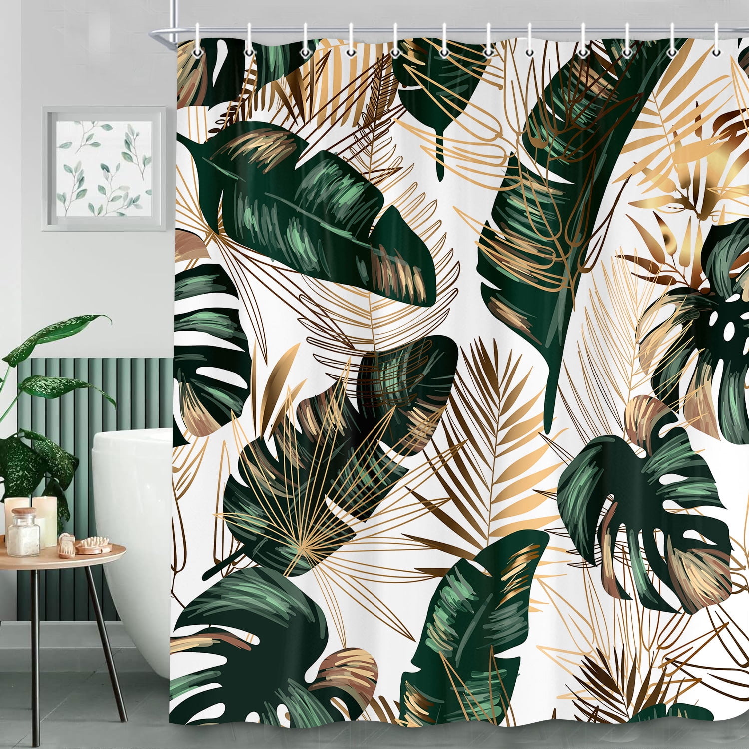 Green Tropical Jungle Leaves Shower Curtain for Bathroom,Golden Leaves Plant Shower Polyester Fabric Shower Curtains,Palm Leaf Shower Curtain Set with Hooks 72X84in