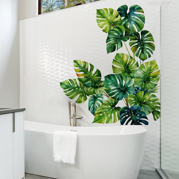 Green Tropical Jungle Leaves Wall Decals Palm Tree Leaf Plants Wall Stickers DIY Transparent Peel and Stick Removable Monstera murals Leaf Window Stickers for Kids Bedroom Nursery Living Room