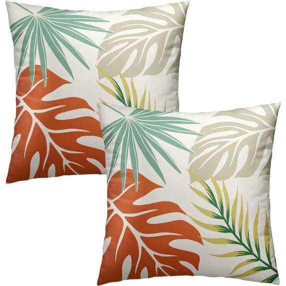 Green Tropical Leaf Throw Pillow Cover 16x16 Inch Pack of 2 Summer Palm Leaves Cushion Pillow Case Square Cotton Botanical Plant Leaf Pillowcase for Party Bed Sofa Home Car Bedroom Outdoor