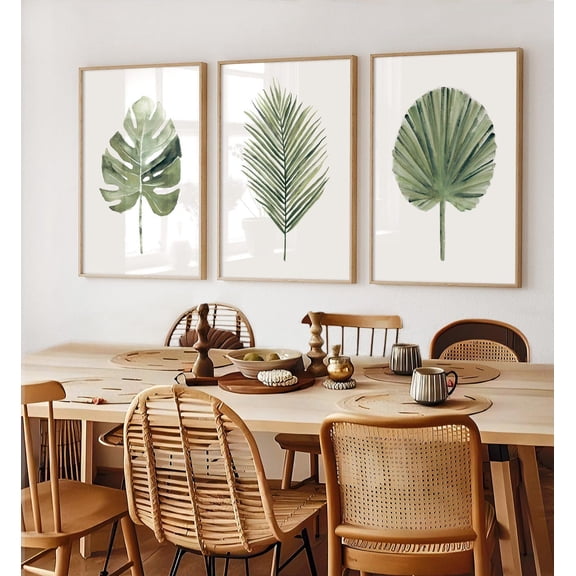 Green Tropical Leaf Trio Fan Palm Monstera Wall Art Set 3 Stretched Canvas 16x24