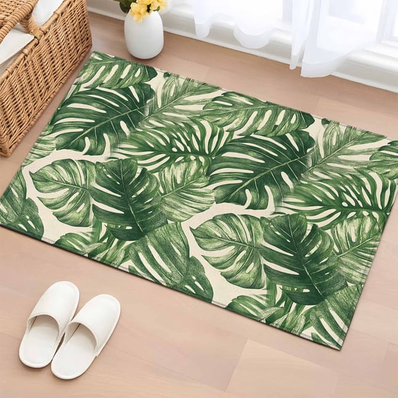 Green Tropical Leaves 2'x3' Washable Rug, Farmhouse Summer Leaf Plants Non-Slip Soft Doormat Area Rugs for Entrance Bathroom Bedsides, Front Doormat Carpet for Kitchen Bedroom, Entryway Floor Mat