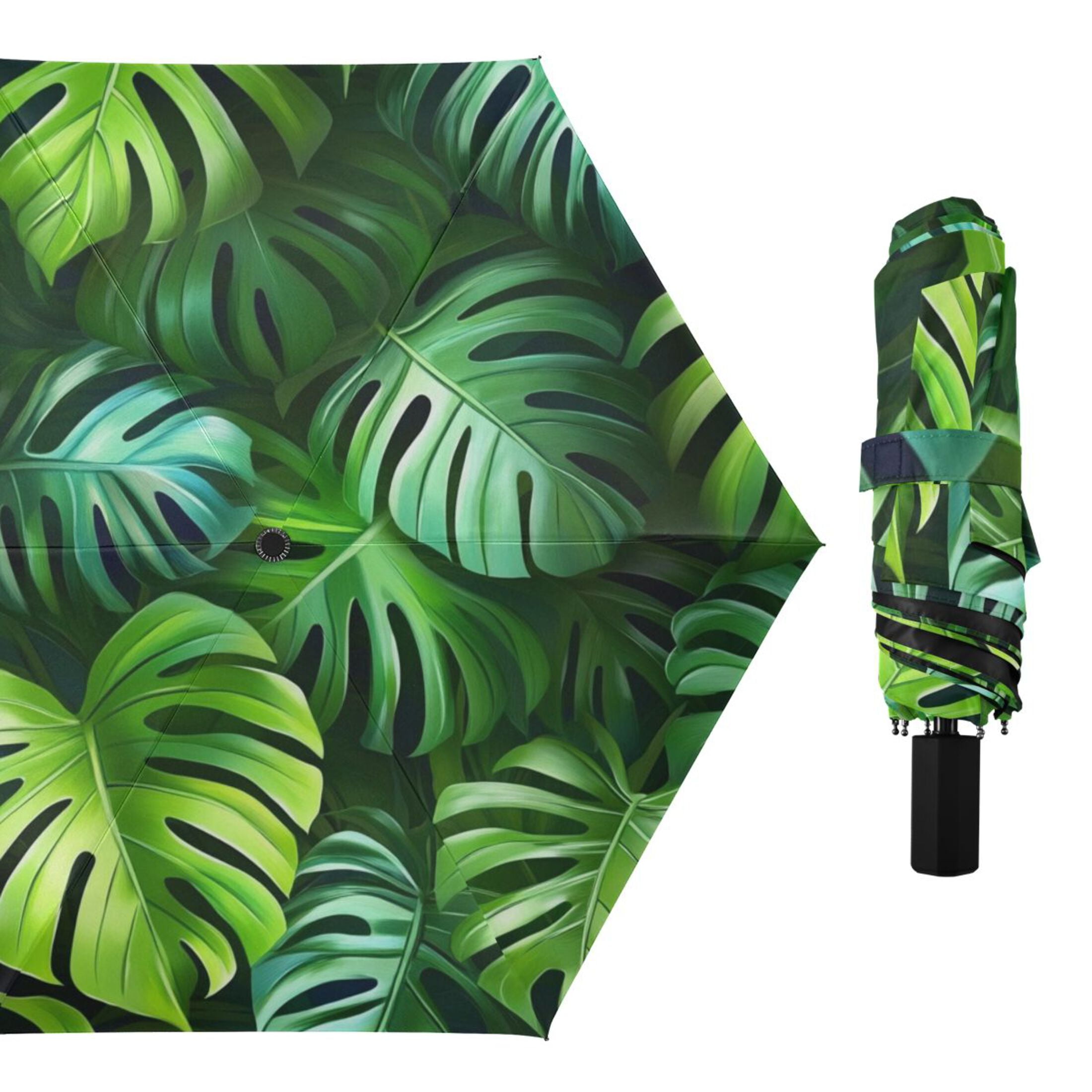 Green Tropical Leaves All Weather Umbrella Triple Folding Parasol 6 Ribs UV Protection Portable