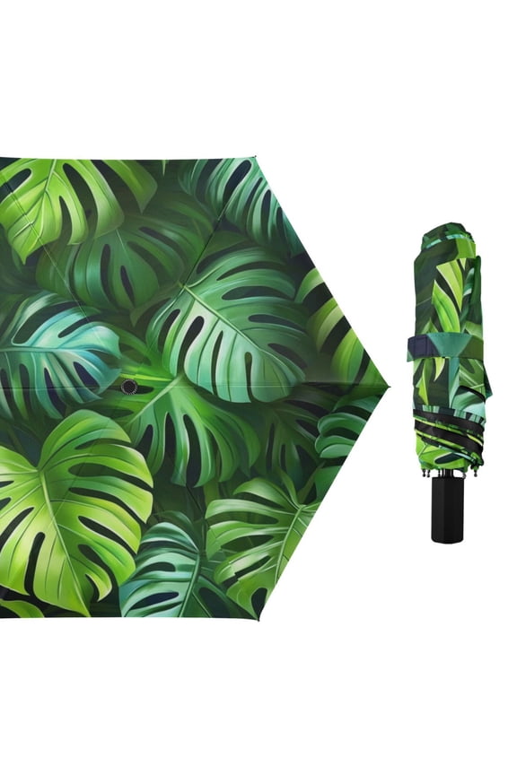 Green Tropical Leaves All Weather Umbrella Triple Folding Parasol 6 Ribs UV Protection Portable